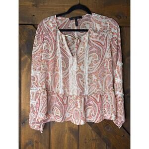 BCBG women’s medium PINK CLAY COMBO "CERISE" LACE PRINTED LONG SLEEVE SILK TOP